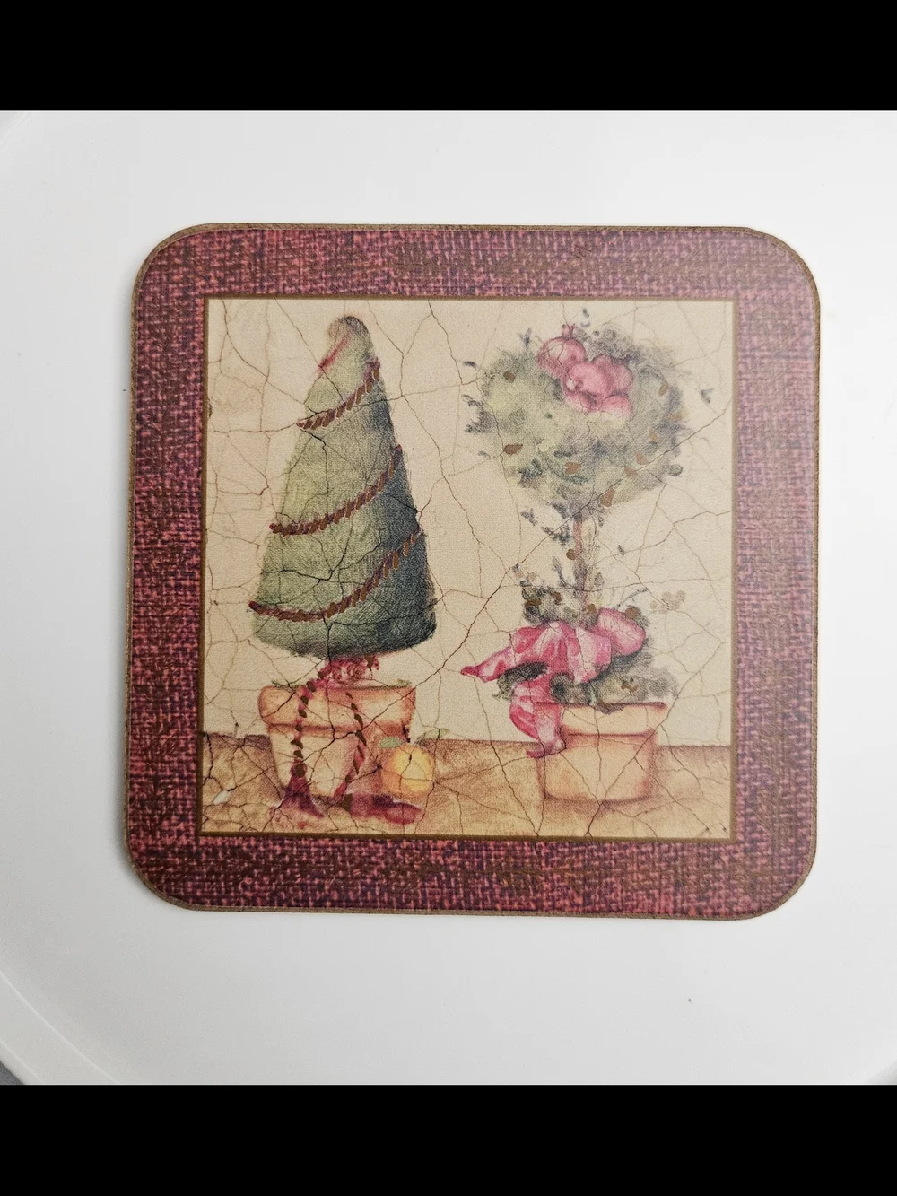 Pimpernel Vintage Christmas Topiary Cork-Backed Coasters Set of 5 with Holder